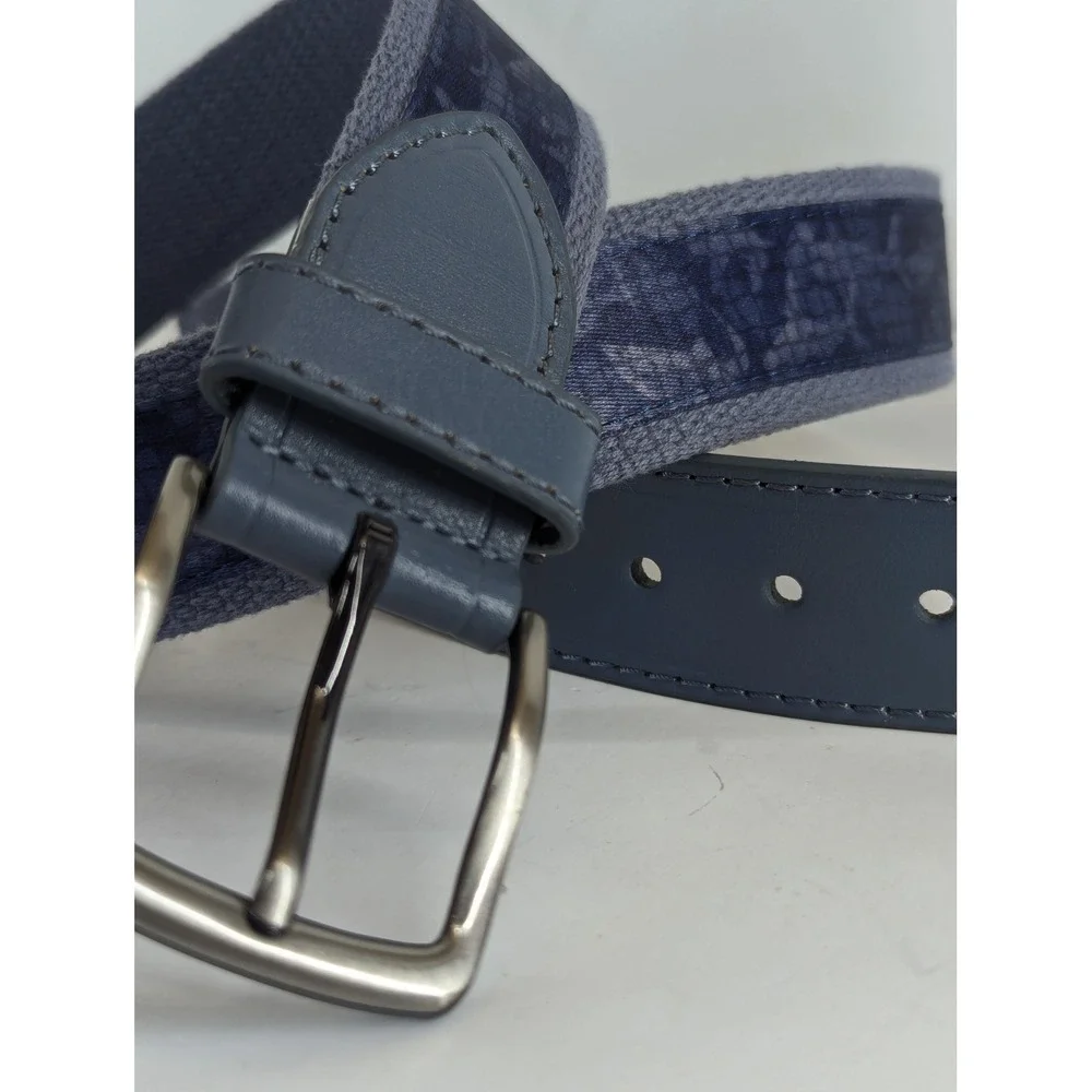 Greg Norman Mens Navy Shark Print Canvas Leather Tab Belt 36 38 Waist
